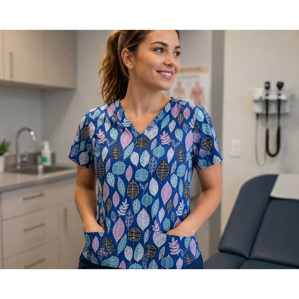 Butter-Soft Stretch Scrub Top Women's Small Blue Leaf Print V-Neck Uniform